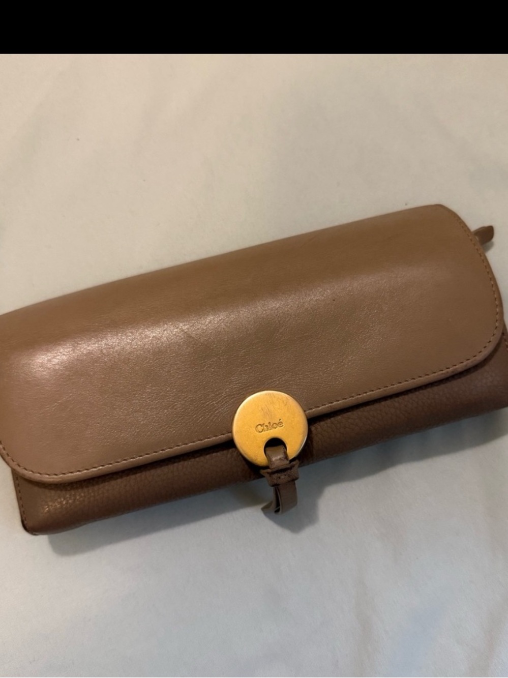 Chloé Taupe Leather Clutch with Gold Disc Lock